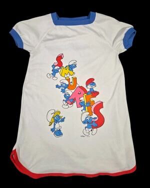 Vtg Smurfs 80s Sleep Shirt Nightgown Youth Girls READ SIZING White Cartoon 1982
